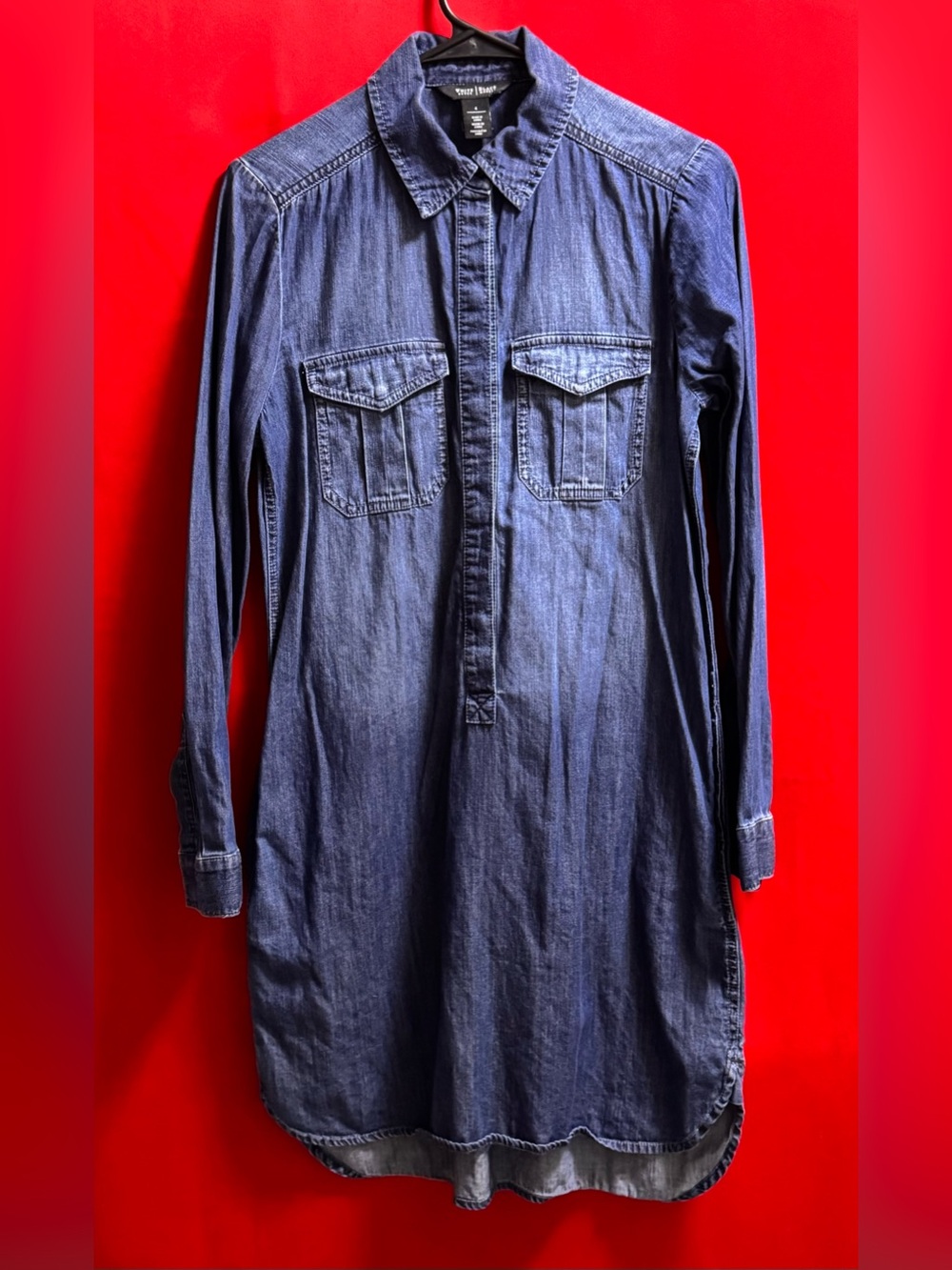 #629- White House Black Market Indigo Denim Button-Front Shirt Dress Size Small